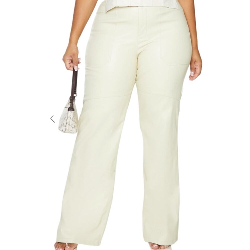PrettyLittleThing Plus Cream Extreme Wide Leg Vegan Leather Pants sz 16 NEW Tags